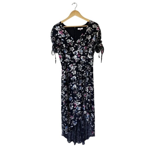 Fairy Grunge Dress Size 8 Dark Floral Asymmetrical Hem Midi Feminine Flowy Silk - Picture 1 of 13